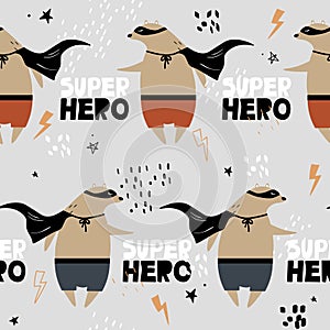 Colorful seamless pattern with bears - super heroes, stars, lightnings. Decorative cute background with animals