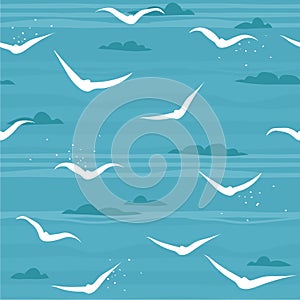 Colorful seamless pattern, birds and clouds. Decorative cute background, seagulls, sky