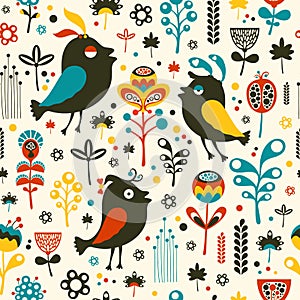 Colorful seamless pattern with birds and flowers.