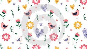 Colorful seamless pattern of birds, hearts and flowers on a white background, hand drawn