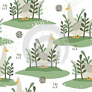 Colorful seamless pattern, birds, plants. Decorative cute background, funny geese