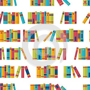 Colorful seamless pattern with books on bookshelves. Library, bookstore. Flat design