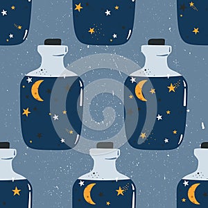 Colorful seamless pattern with bottles, moon, stars