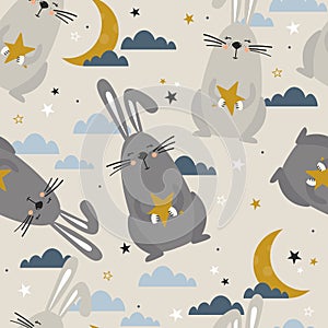 Colorful seamless pattern with bunnies, stars, moon, clouds. Decorative cute background with animals, night sky