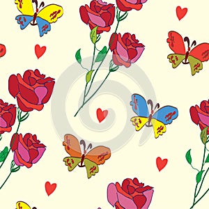 Colorful seamless pattern with butterfly, rose and