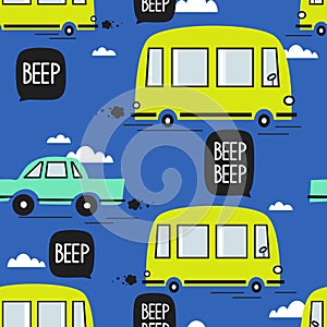 Colorful seamless pattern with cars, buses. Decorative background with funny transport. Automobile, bus