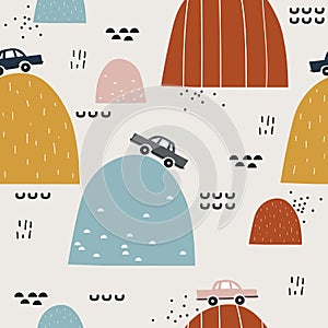 Colorful seamless pattern with cars, hills. Decorative background with funny transport. Automobiles