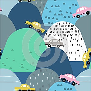 Colorful seamless pattern with cars, hills. Decorative background with funny transport. Automobiles