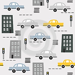 Colorful seamless pattern with cars, houses, traffic lights. Decorative background with funny transport. Automobile