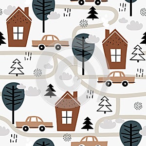 Colorful seamless pattern with cars, houses, trees. Decorative background with funny transport, road. Automobile