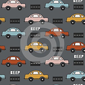 Colorful seamless pattern with cars, roads. Decorative background with funny transport. Automobile