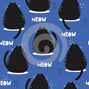 Colorful seamless pattern with cats. Decorative cute background, funny animals. Meow