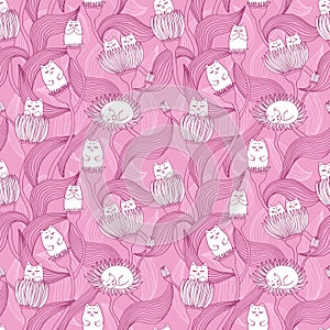 Colorful seamless pattern with cats and flowers. Cozy drawing for children. Decoration for kidâ€™s room.