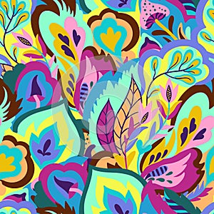 Colorful seamless pattern with chaotic floral and psychedelic abstract elements. Vector illustration