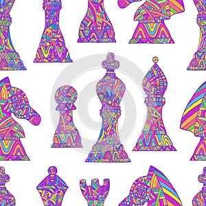 Colorful seamless pattern with chess pieces King, Queen, Bishop, Knight, Rook and Pawn Chess Pieces, each figure with