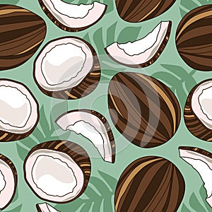 Colorful seamless pattern with coconuts, palm leaves. Decorative background, exotic fruits