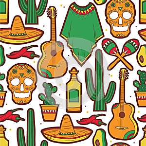 Colorful seamless pattern with collection of mexican symbols