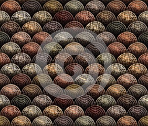 Colorful seamless pattern with concentric circles in copper, gold, and bronze.