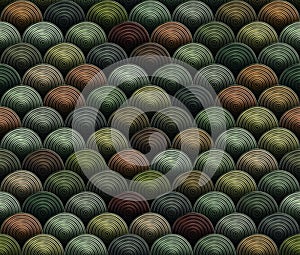 Colorful seamless pattern with concentric circles in green, brown, and bronze.