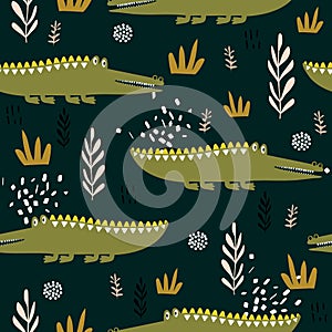 Colorful seamless pattern with crocodiles, grass. Decorative cute background with funny reptiles