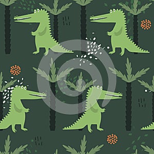 Colorful seamless pattern with crocodiles, palm trees. Decorative cute background with funny reptiles