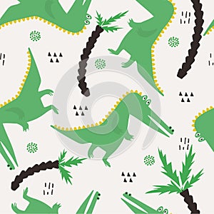 Colorful seamless pattern with crocodiles, palm trees. Decorative cute background with funny reptiles