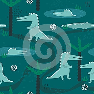 Colorful seamless pattern with crocodiles, palm trees. Decorative cute background with funny reptiles