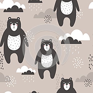 Colorful seamless pattern, cute bears and clouds. Decorative background with animals