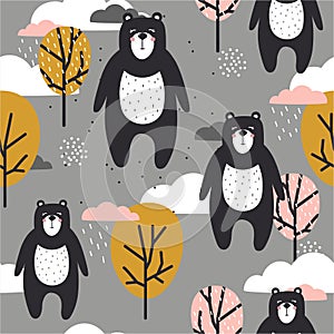 Colorful seamless pattern, cute bears, trees and clouds
