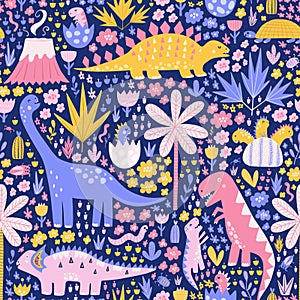 Colorful seamless pattern with cute dinosaurs, palms, and cactuses. Baby dinos in eggshell. Bright fabric background in