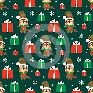 Colorful seamless pattern with cute dog in Christmas costume