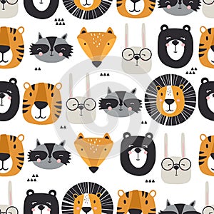 Colorful seamless pattern, cute muzzles of animals. Lions, rabbits, tigers, bears, raccoons, foxes photo