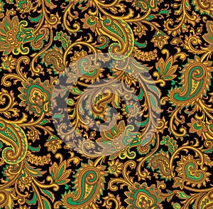 Colorful seamless pattern with decorative flowers. Paisley and roses.