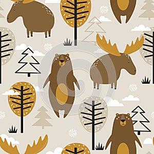 Colorful seamless pattern with deers, bears, trees, fir trees and snow. Decorative cute background with animals, forest