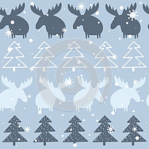 Colorful seamless pattern with deers, fir trees, snow. Decorative cute background with animals. Happy New Year