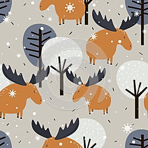 Colorful seamless pattern with deers, trees, snow. Decorative cute background with funny animals, forest. Happy New Year. Winter