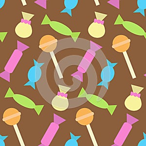 Colorful seamless pattern with different candies and lollipops. Print for textiles, fabric, wallpaper, cards, gift wrap