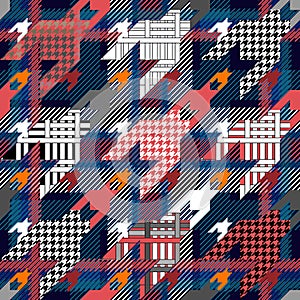 Checkered textile print with hounds tooth motifs.