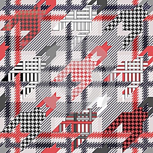 Checkered textile print with hounds tooth motifs.
