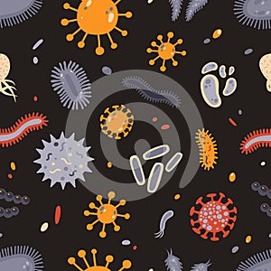 Colorful seamless pattern with different microscopic organisms on black background - microbes, germs, disease causing