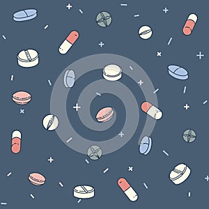 Colorful seamless pattern with different pills and capsules