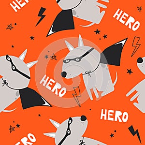 Colorful seamless pattern with dogs, lightnings. Decorative cute background, funny animals. Super hero