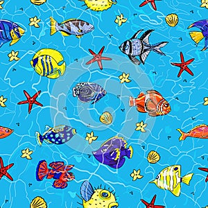 Colorful seamless pattern with exotic fish. Vector illustration