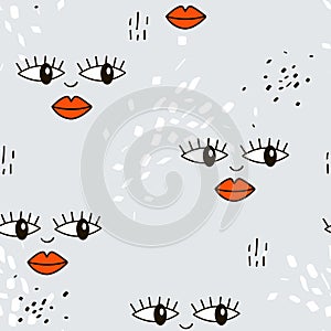 Colorful seamless pattern, eyes with eyelashes, lips. Decorative funny background, organ of vision