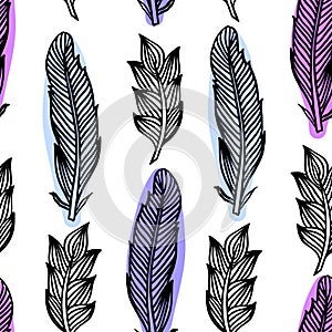 Colorful seamless pattern with feathers. Boho Style Elements. Vector Drawing.