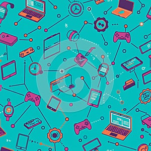 Colorful seamless pattern featuring various digital and electronic devices like laptops,