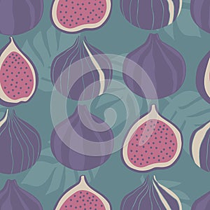 Colorful seamless pattern with figs, palm leaves. Decorative background, exotic fruits