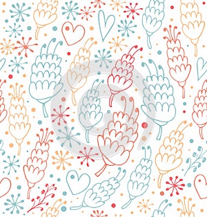 Colorful seamless pattern with flowers and hearts. Fantasy ornate background for prints, textile, scrapbooking, craft papers