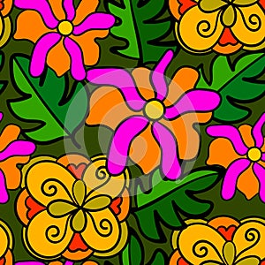 Colorful seamless pattern with flowers, leaves, curls. Cartoon floral background.