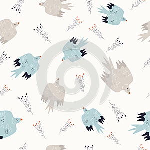 Colorful seamless pattern with folk birds and flowers